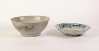 AN AGED MOST PROBABLY KOREAN STONEWARE BOWL, decorated probably in cobalt oxide with two stylized