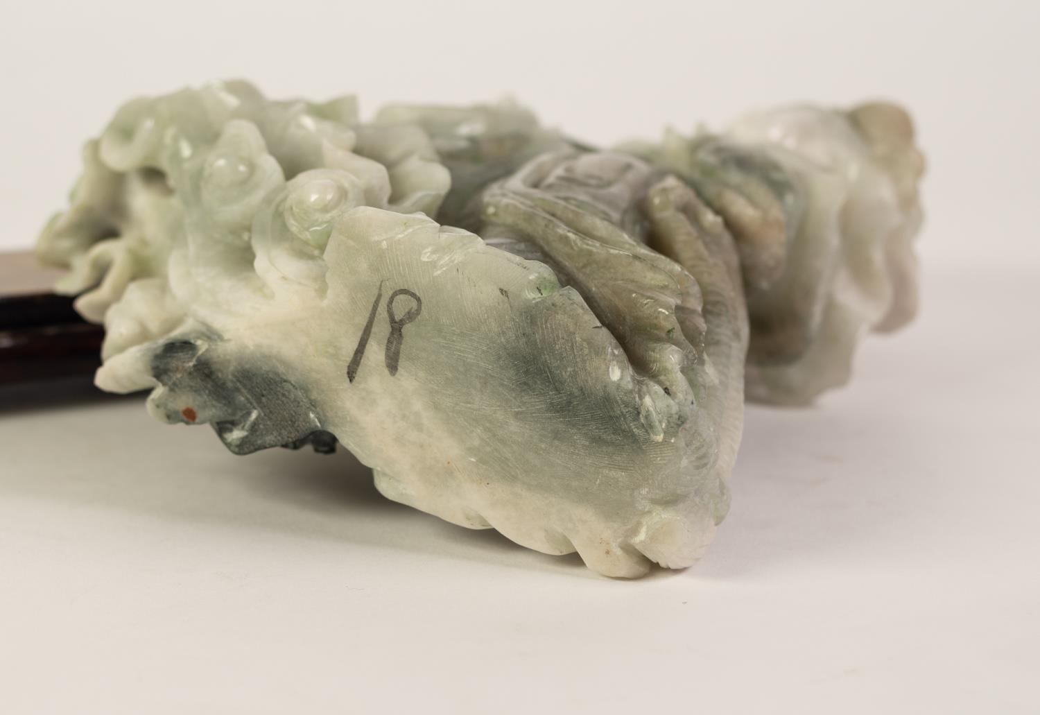 ORIENTAL CARVED GREY/GREEN JADE FEMALE FIGURE standing by a shrub and holding spray in her left - Image 5 of 5