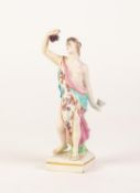 A PROBABLY DERBY PORCELAIN BACCHANALIAN MALE FIGURE holding grapes aloft in his right hand, a goblet