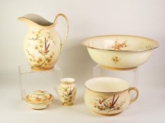 EARLY TWENTIETH CENTURY CROWN DUCAL POTTERY TOILET SET OF JUG AND WASH BASIN, CHAMBER POT, SPONGE