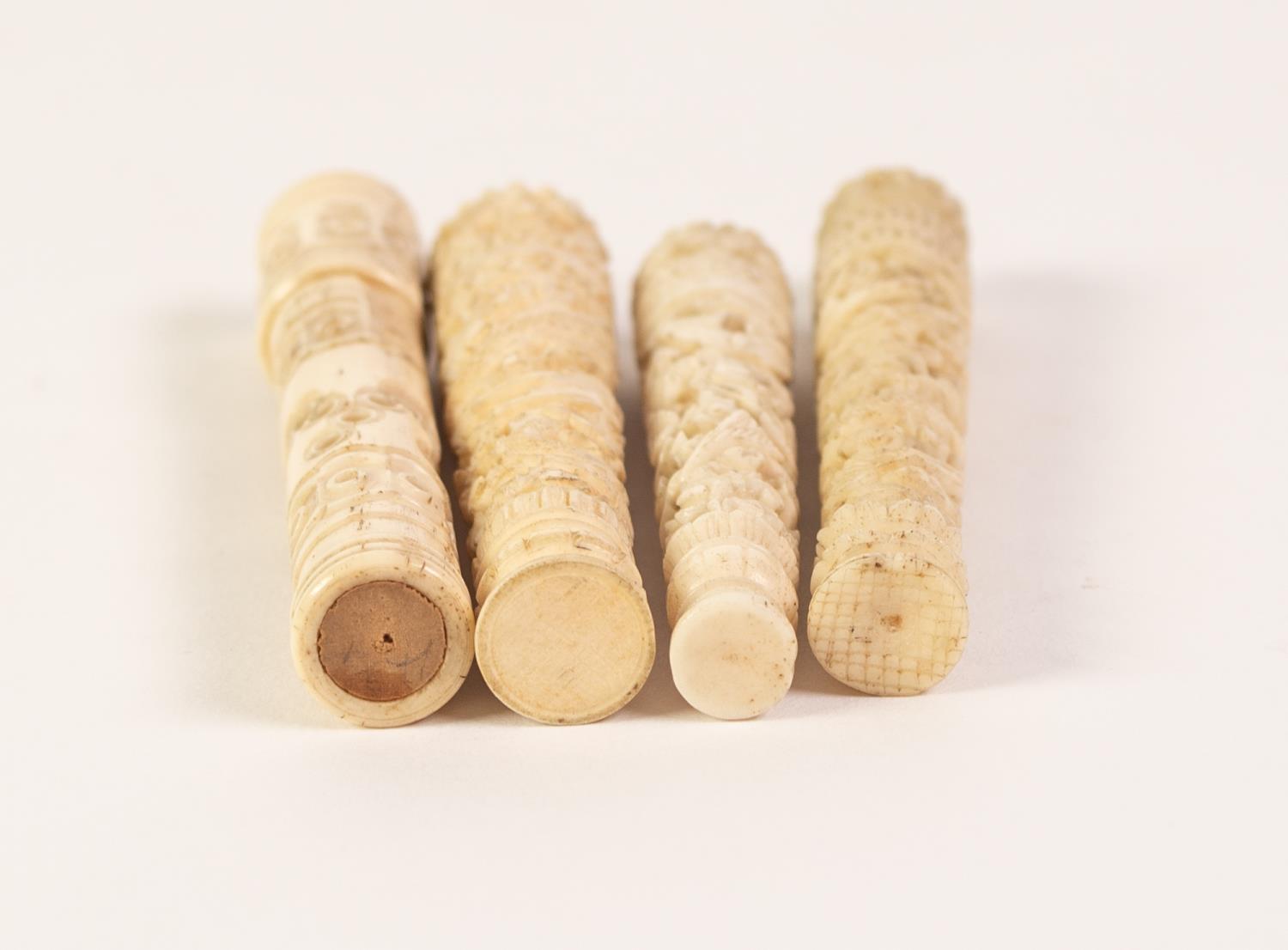 FOUR ORIENTAL POSSIBLY CANTONESE CARVED IVORY CYLINDRICAL NEEDLE CASES, 3 1/2" (9cm) long - Image 3 of 3
