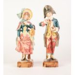 PAIR OF CIRCA 1900 FAIENCE MALE AND FEMALE FIGURES, both in 18th Centuiry costume, he taking snuff