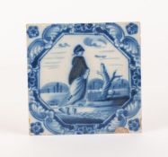 A RARE MID EIGHTEENTH CENTURY LIVERPOOL, TIN GLAZED EARTHENWARE TILE, painting in cobalt blue with a