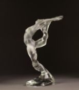 MODERN LALIQUE, PARIS, FROSTED AND MOULDED GLASS ?ARMS UP ACROBAT? NAKED FEMALE FIGURE, modelled