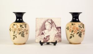 A PAIR OF LOVATTS LANGLEY WARE POTTERY VASES, the cream bodies decorated with blossoming branches on