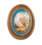 NINETEENTH CENTURY HAND PAINTED ?SEVRES? PORCELAIN PANEL, of oval form, painted with a romantic