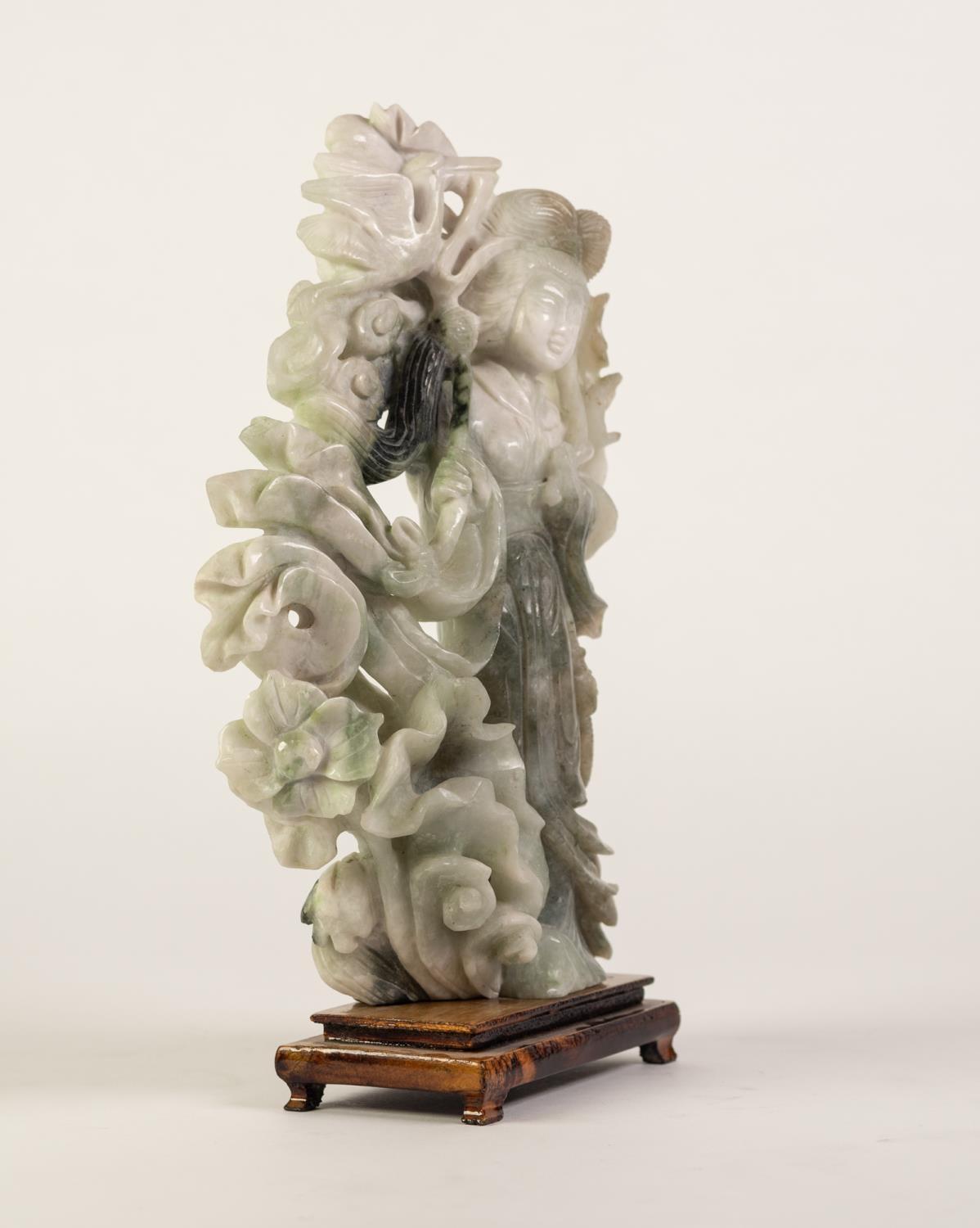 ORIENTAL CARVED GREY/GREEN JADE FEMALE FIGURE standing by a shrub and holding spray in her left - Image 4 of 5