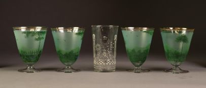 MASONIC ETCHED GLASS BEAKER, 4 ½? (11.4cm) high, together with a SET OF FOUR GLASSES, painted in