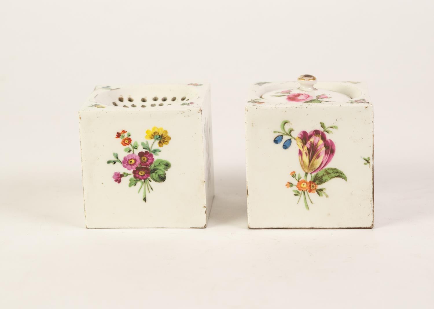 TWO MATCHING EARLY 19th CENTURY FRENCH PORCELAIN SQUARE, BOX SHAPED WRITING REQUISITES, of inkwell