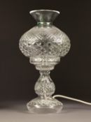 WATERFORD INISHMAN PATTERN CUT CRYSTAL TWO-PART TABLE LAMP, the spherical shade having plain
