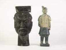 MODERN BLACK GLAZED POTTERY HEAD OF A CHINESE WARRIOR, unmarked, 15? (38.1cm) high, together with