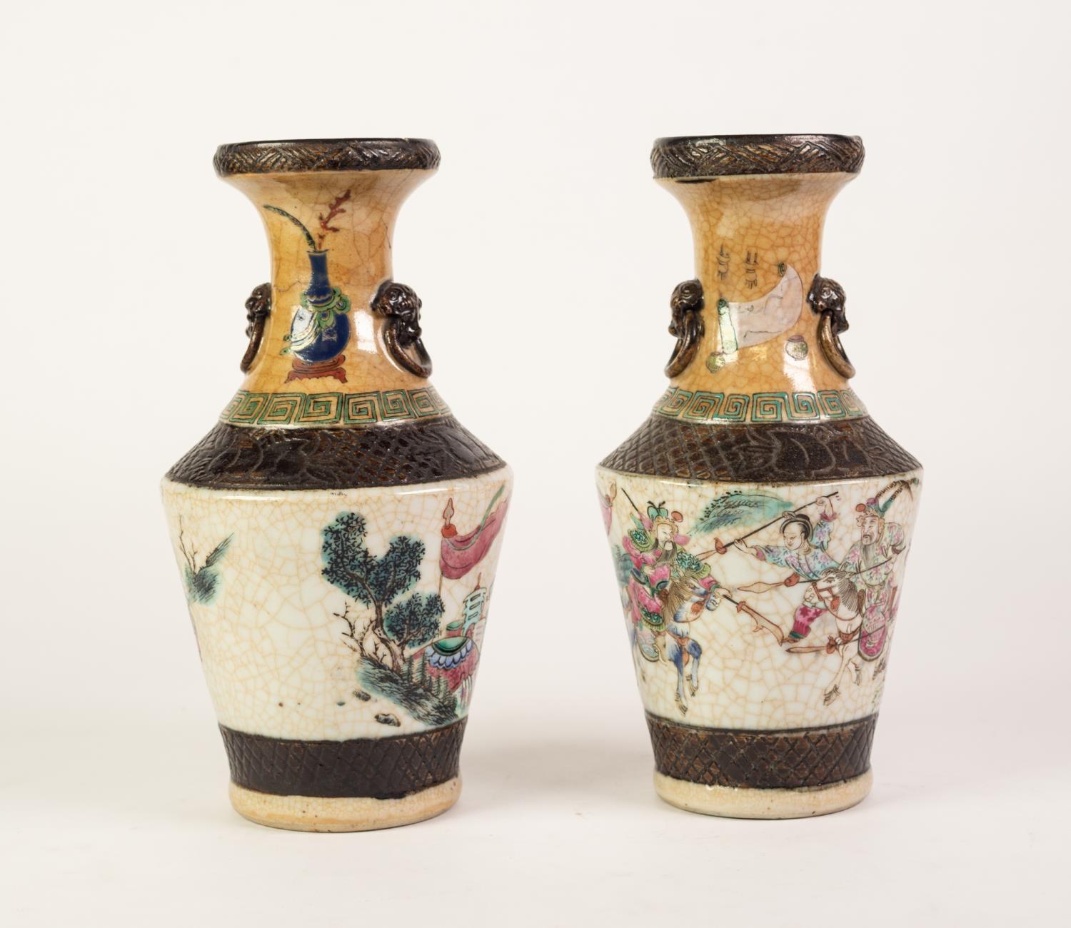 A PAIR OF NINETEENTH CENTURY CHINESE PORCELLANEOUS CRACKED-WARE ARCHAISTIC STYLE VASES, the tapering - Image 3 of 4