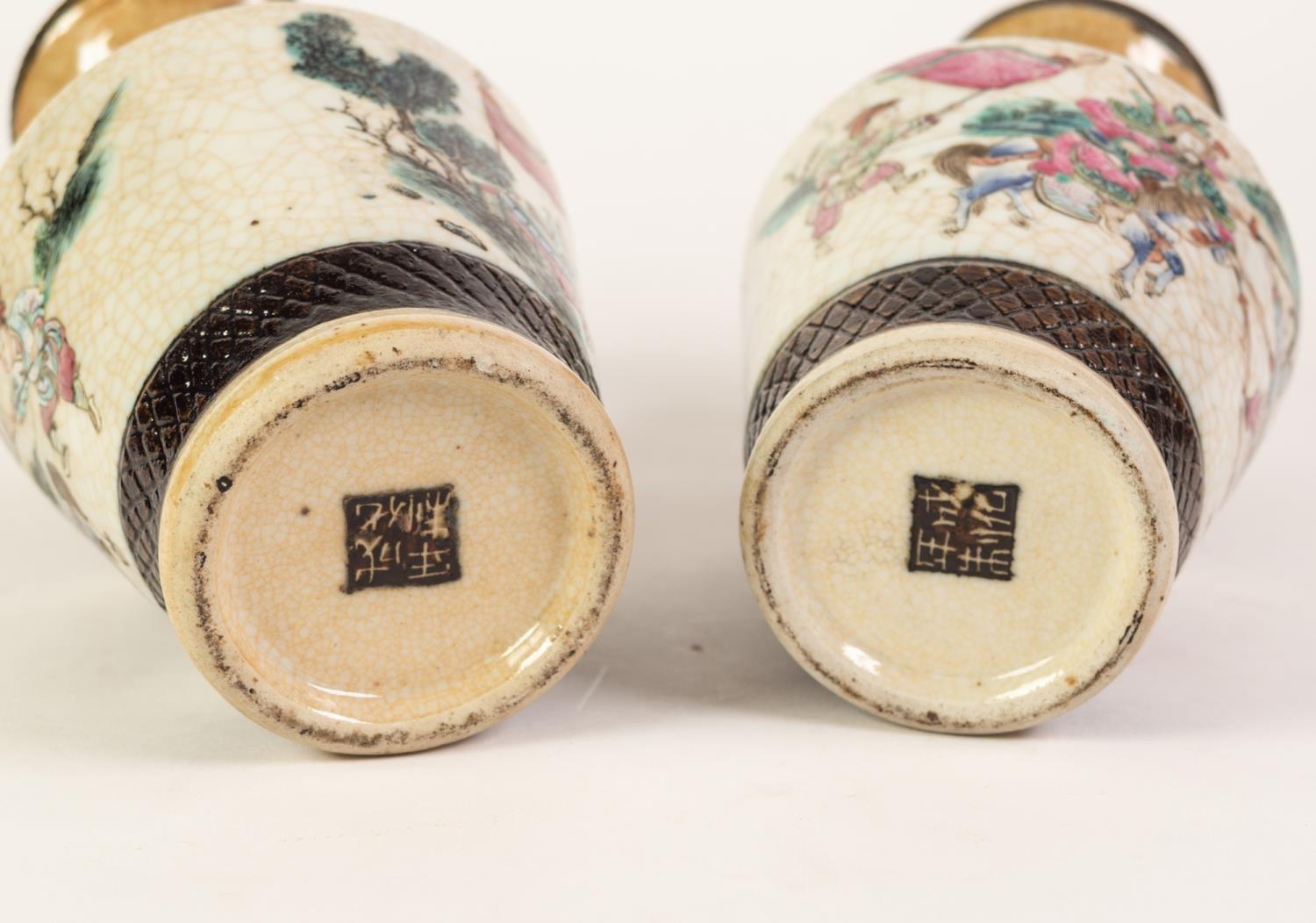 A PAIR OF NINETEENTH CENTURY CHINESE PORCELLANEOUS CRACKED-WARE ARCHAISTIC STYLE VASES, the tapering - Image 4 of 4