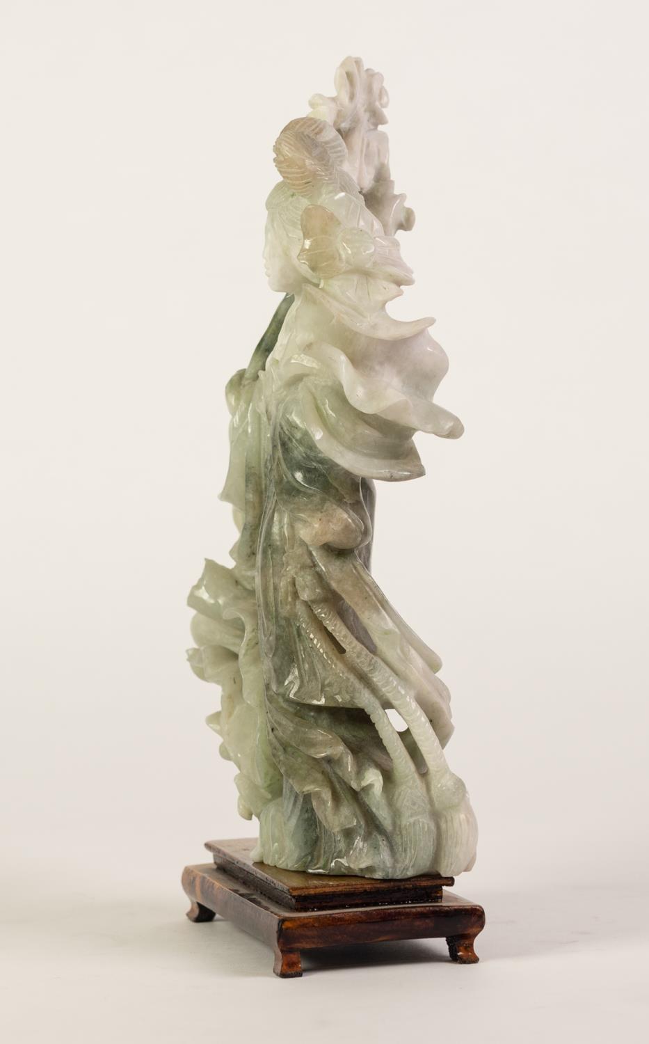 ORIENTAL CARVED GREY/GREEN JADE FEMALE FIGURE standing by a shrub and holding spray in her left - Image 3 of 5