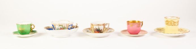 A HELEN WOLFSOHN DRESDEN, PORCELAIN QUATREFOIL CABINET CUP AND SAUCER, enameled with opposing