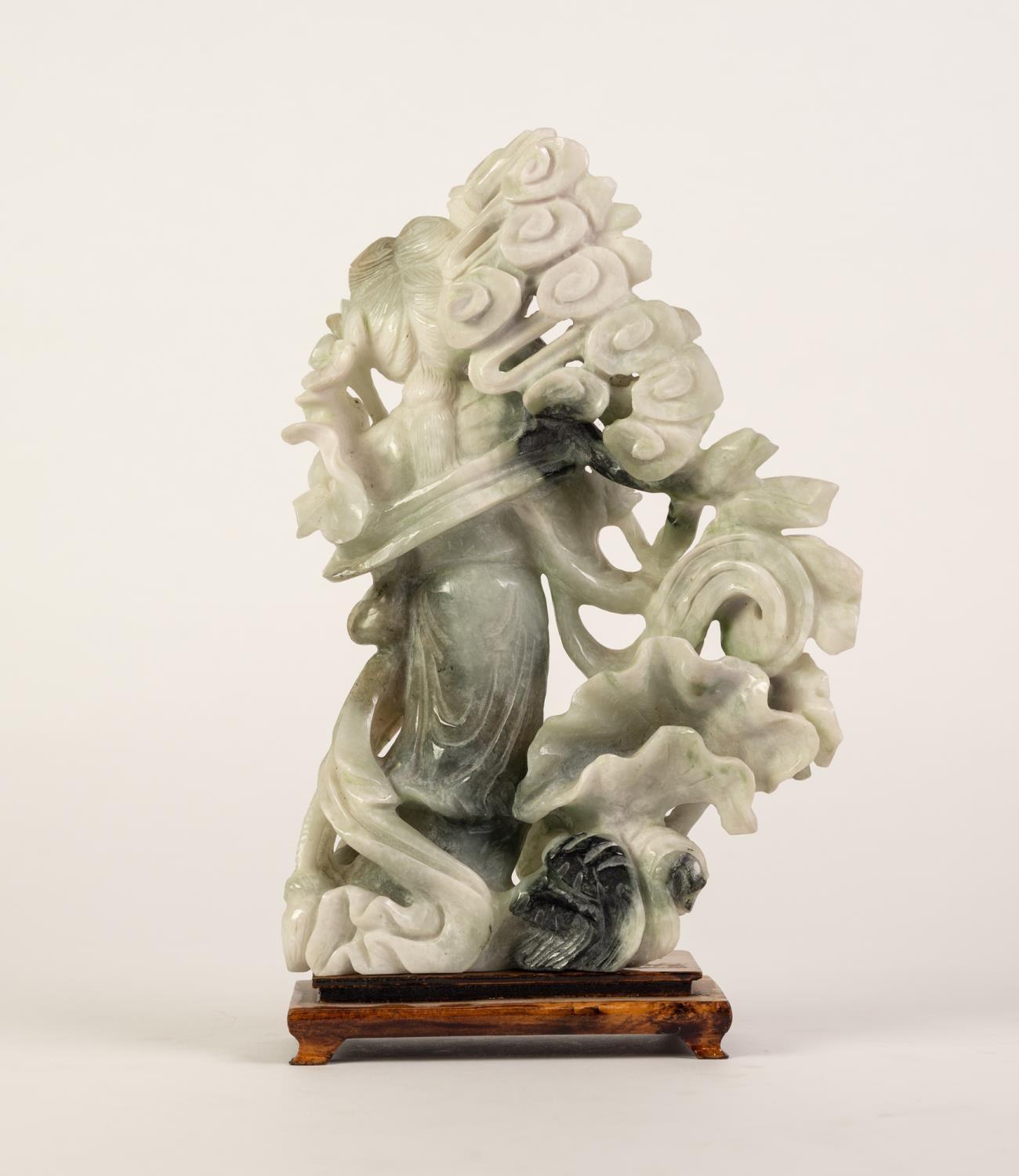 ORIENTAL CARVED GREY/GREEN JADE FEMALE FIGURE standing by a shrub and holding spray in her left - Image 2 of 5