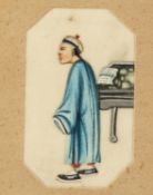 EIGHT 19th CENTURY CHINESE WATERCOLOUR DRAWINGS on pith paper and one painted ON A LEAF, of male and