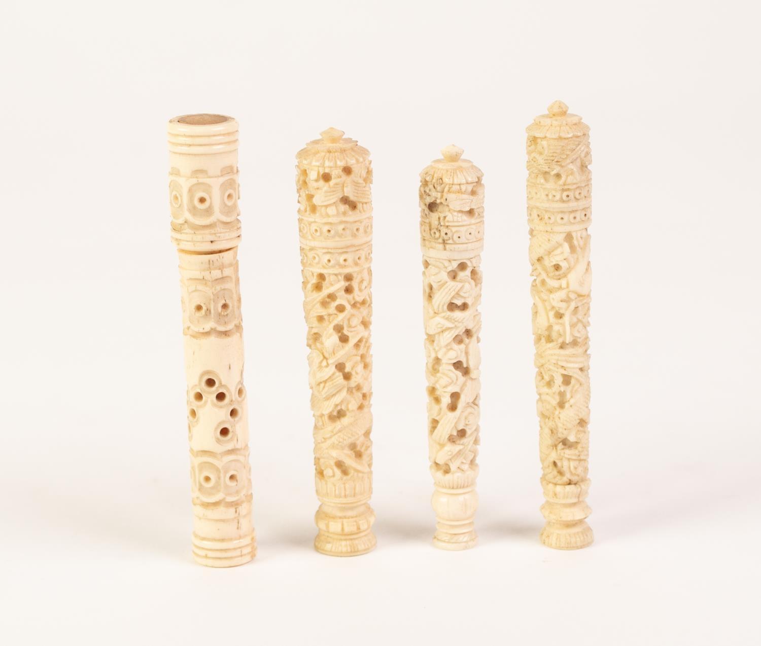 FOUR ORIENTAL POSSIBLY CANTONESE CARVED IVORY CYLINDRICAL NEEDLE CASES, 3 1/2" (9cm) long