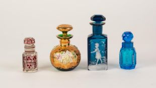 A LATE NINETEENTH CENTURY BLUE/GREEN GLASS WHITE ENAMELLED MARY GREGORY TYPE PERFUME BOTTLE with