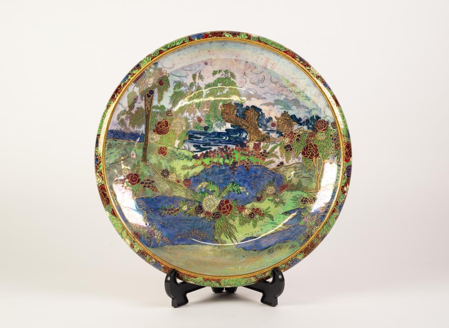 A 1930's A.G.H. JONES AND CO., WILTON WARE LUSTRE DECORATED POTTERY SHALLOW BOWL, with turned-in