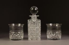 HEAVY CUT GLASS SMALL SQUARE SPIRIT DECANTER AND STOPPER; A SET OF 6 CUT GLASS CAMPANA SHAPED WHISKY