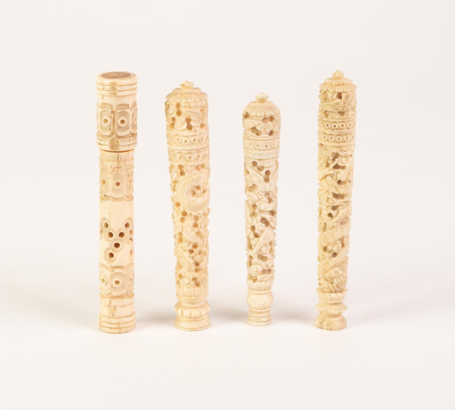 FOUR ORIENTAL POSSIBLY CANTONESE CARVED IVORY CYLINDRICAL NEEDLE CASES, 3 1/2" (9cm) long - Image 2 of 3