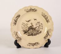 A CIRCA 1770 PROBABLY WEDGWOOD CREAMWARE SMALL SCALLOPED AND FEATHER MOULDED EDGE PLATE, transfer