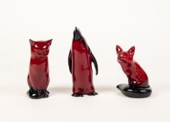 THREE ROYAL DOULTON FLAMBE WARE POTTERY MODELS OF ANIMALS, comprising: PENGUIN STANDING, 6? (15.2cm)