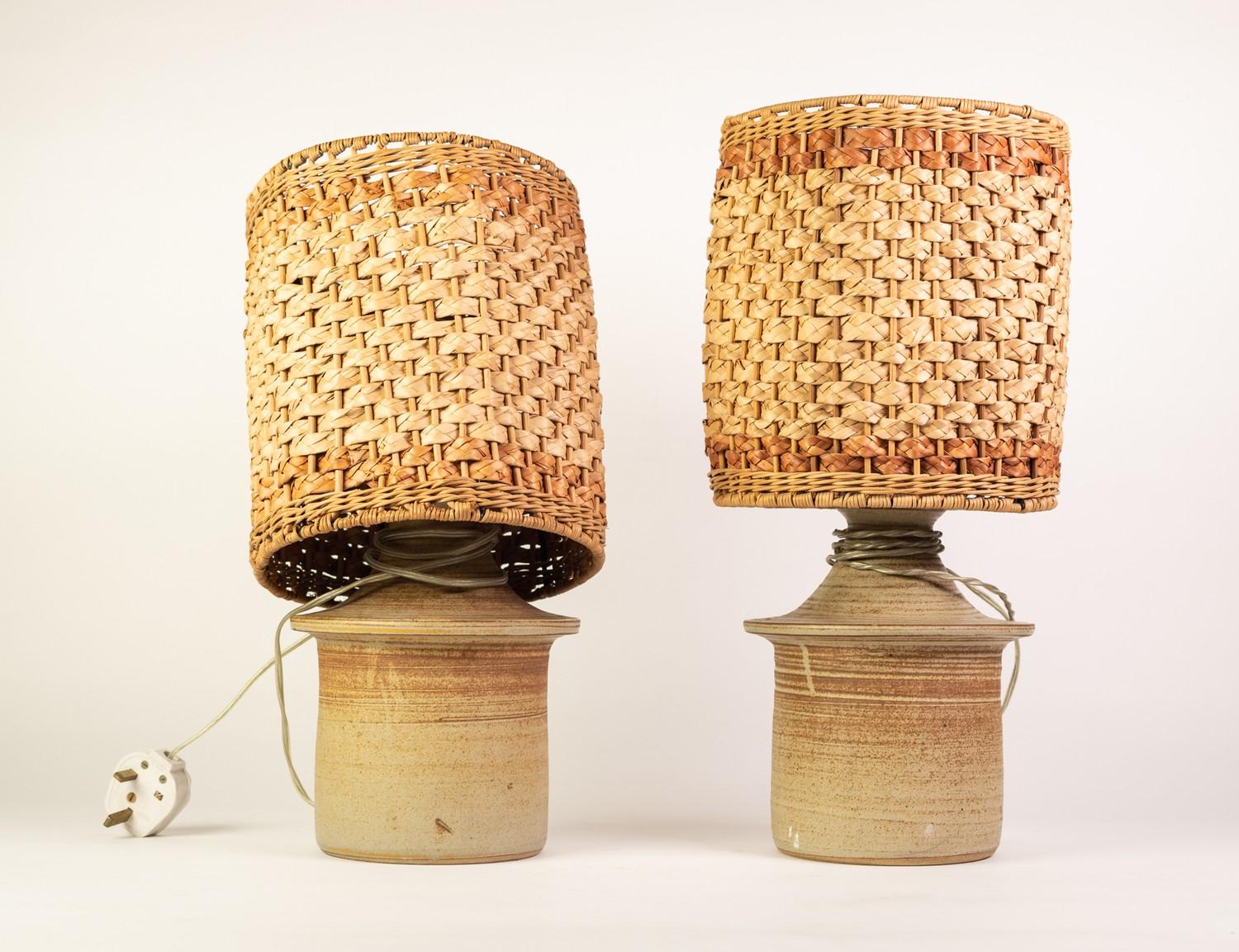 PAIR OF MODERN STUDIO POTTERY TABLE LAMP BASES, each of cylindrical form with oatmeal glaze and