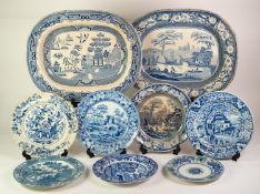 SELECTION OF 17 EARLY 19th CENTURY AND LATER BLUE AND WHITE POTTERY MEAT DISHSES AND PLATES, most