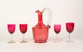A CRANBERRY GLASS DECANTER JUG, with clear glass handles, also four cranberry GLASS STEM WINES (5)