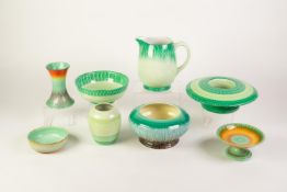 EIGHT PIECES OF 1930's SHELLEY POTTERY similarly decorated, predominately in green and turquoise