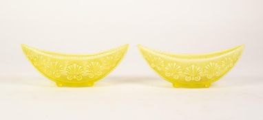 PAIR OF VICTORIAN MOULDED YELLOW VASELINE GLASS BOAT SHAPED DISHES, moulded with shells and raised