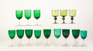 TWELVE NINETEENTH CENTURY AND LATER STEMMED DRINKING GLASSES WITH GREEN BOWLS, including a set of