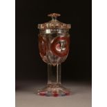EARLY 19th CENTURY BOHEMIAN CLEAR, RUBY AND SAPPHIRE BLUE FLASHED CUT GLASS POKAL OR COVERED GOBLET,