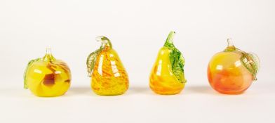 FOUR MODERN MURANO COLOUR GLASS MODELS OF FRUIT, two pears and two apples, each modelled in yellow