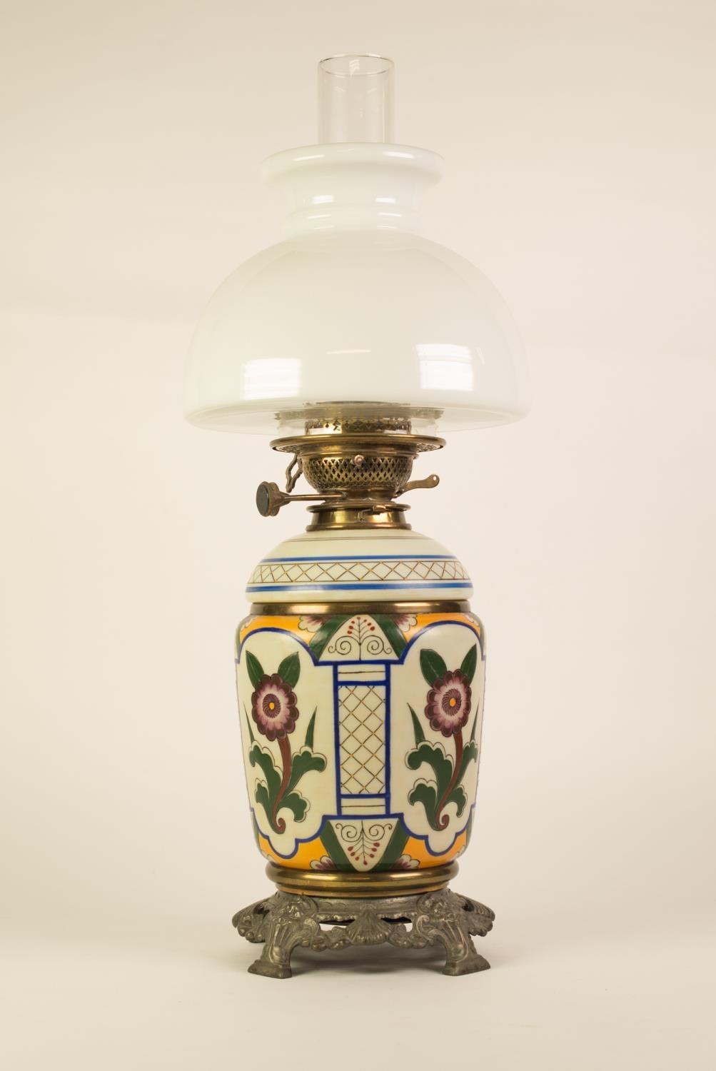 LATE NINETEENTH/EARLY TWENTIETH CENTURY OPAQUE GLASS AND BRASS OIL TABLE LAMP, with white shade,