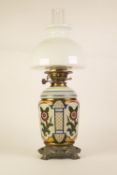 LATE NINETEENTH/EARLY TWENTIETH CENTURY OPAQUE GLASS AND BRASS OIL TABLE LAMP, with white shade,