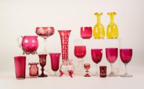 FOUR VARIOUS RUBY AND CLEAR GLASS WINE GLASSES, A RUBY GLASS BEAKER, SIX OTHER RUBY GLASS ITEMS