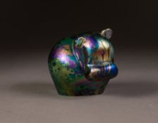 J. DITCHFIELD, GLASFORM GREEN IRIDESCENT GLASS PAPERWEIGHT, in the form of a hippopotamus, signed