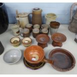 ABATY HAND THROWN STONEWARE, WALES, TALL RIBBED COFFEE POT AND SIX COFFEE MUGS; CAZES STUDIO POTTERY