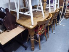 A PINE KITCHEN TABLE, ON FOUR TURNED LEGS, 6? X 3? AND A SET OF SIX HARDWOOD WINDSOR KITCHEN CHAIRS,