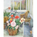 M. RINTLER (MODERN) OIL ON CANVAS A study of flowers in a basket on a terrace Signed on the