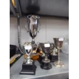 TWO HANDLE PLATED METAL LIDDED PEDESTAL TROPHY CUPS '1967 SHELL WORLD BRIDGE TOURNAMENT' ON TURNED