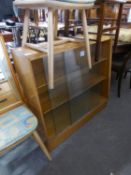 1960?S LIGHT OAK SMALL BOOKCASE, ENCLOSED BY TWO GLASS SLIDING DOORS, 3? WIDE AND A SINGLE CHAIR (2)