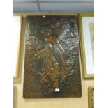 AN EMBOSSED BRONZED METAL LARGE RECTANGULAR END PANEL, DEPICTING A FEMALE FIGURE WITH ART NOUVEAU