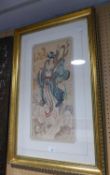 AN ORIENTAL PAINTING ON SILK DEPICTING A FEMALE DEITY IN CLOUDS, 19? X 8 ½?