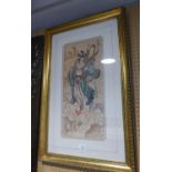 AN ORIENTAL PAINTING ON SILK DEPICTING A FEMALE DEITY IN CLOUDS, 19? X 8 ½?