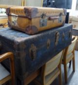 VINTAGE LIGHT BROWN FIBRE SUITCASE, ?R? with brown leather corners and brass fittings, 24? x 16?,