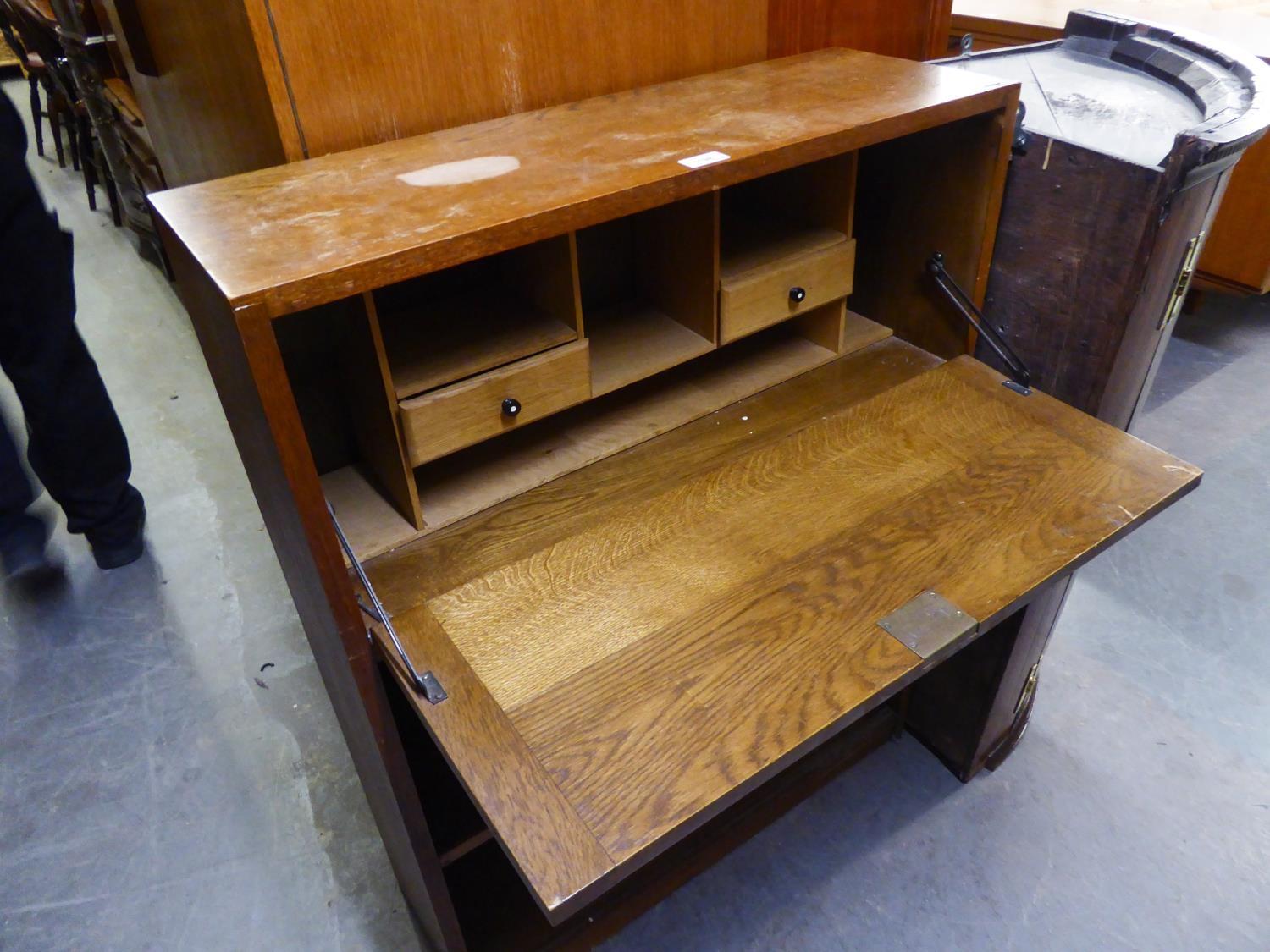 AN OAK BUREAU WITH UPRIGHT FALL-FRONT, TWO OPEN BOOKSHELVES BELOW, 2?6? WIDE - Image 2 of 2